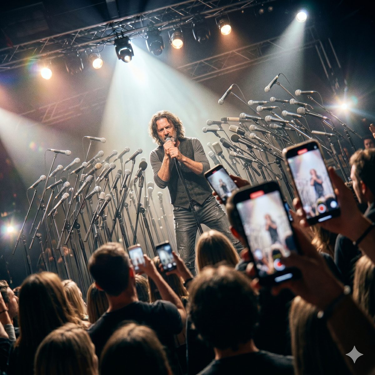 Fan-out baseline: singer surrounded by microphones as a metaphor for building AI visibility