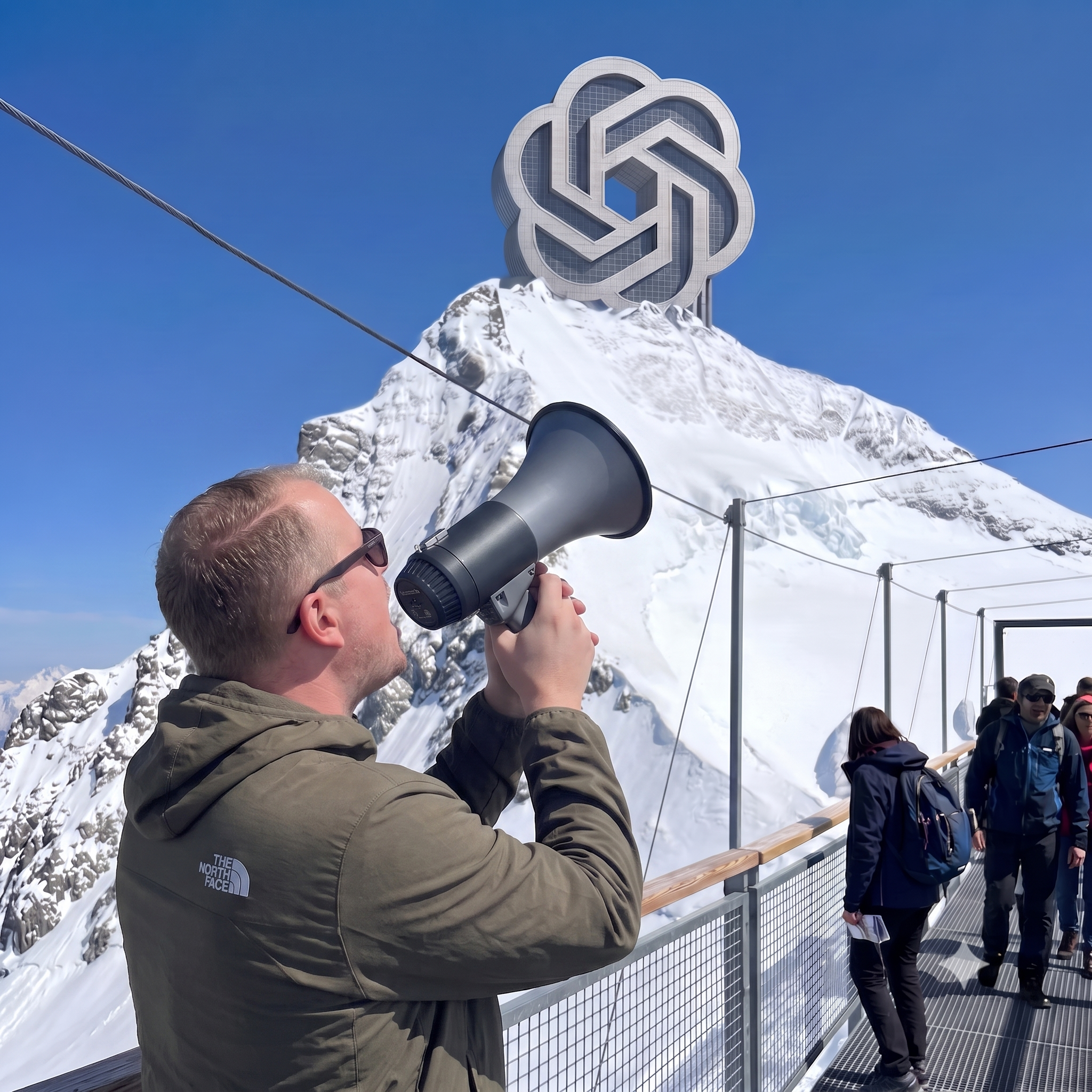 Man met megafoon bij een berg met een ChatGPT-logo