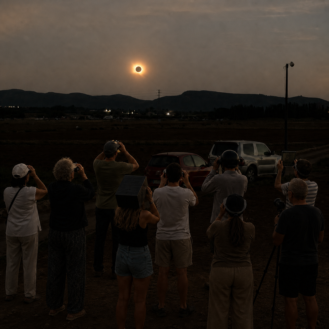 Een groep mensen fotografeert een zonsverduistering met camera’s, telescopen en eclipsbrillen.