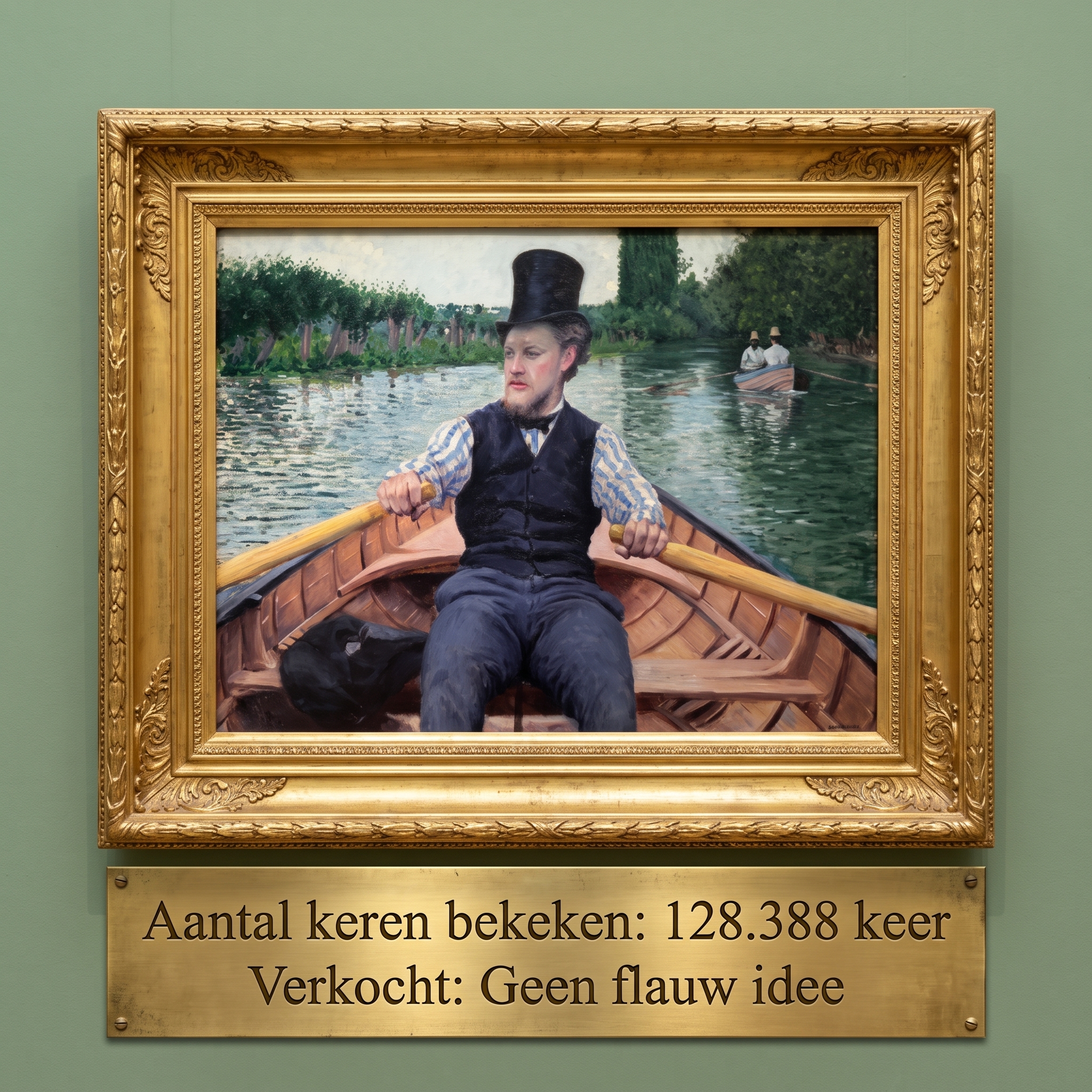 Schilderij van een roeier met het bord: Aantal keren bekeken: 128.388 keer. Verkocht: Geen flauw idee.
